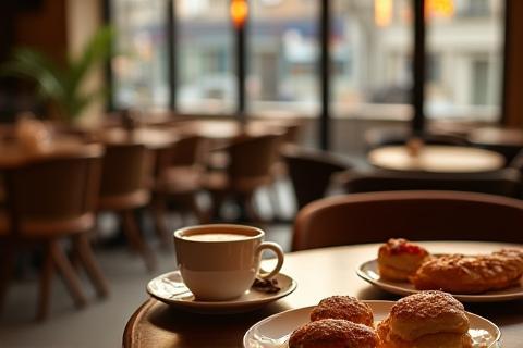 Atmospheric commercial photo of a cozy cafe interior with pastries