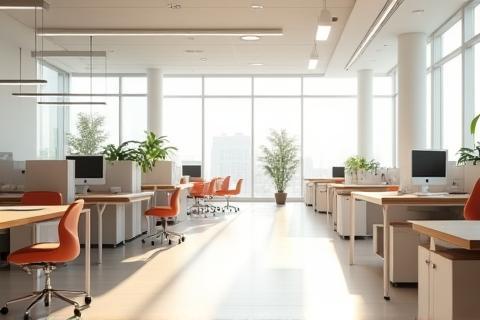 Commercial photo showing a bright, modern office space with natural light