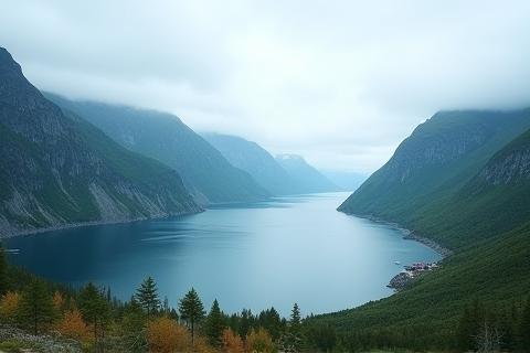 Fine art print of a serene Norwegian landscape with fjords