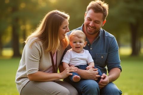 Outdoor family portrait smiling together in a park setting